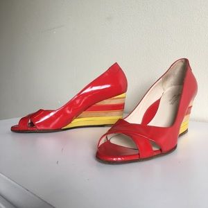 Taryn Rose Red Patent Leather Yellow Stripe Wedge